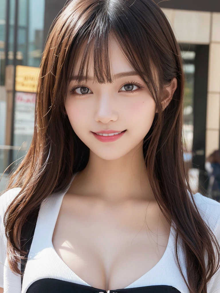 masutepiece, Best Quality, Illustration, Ultra-detailed, finely detail, hight resolution, 8K Wallpaper, Perfect dynamic composition, Beautiful detailed eyes, Women's Fashion Summer,Medium Hair,Small breasts natural color lip, Bold sexy poses,Smile,Harajuku、20 years girl、Cute、Sexy shot looking at camera