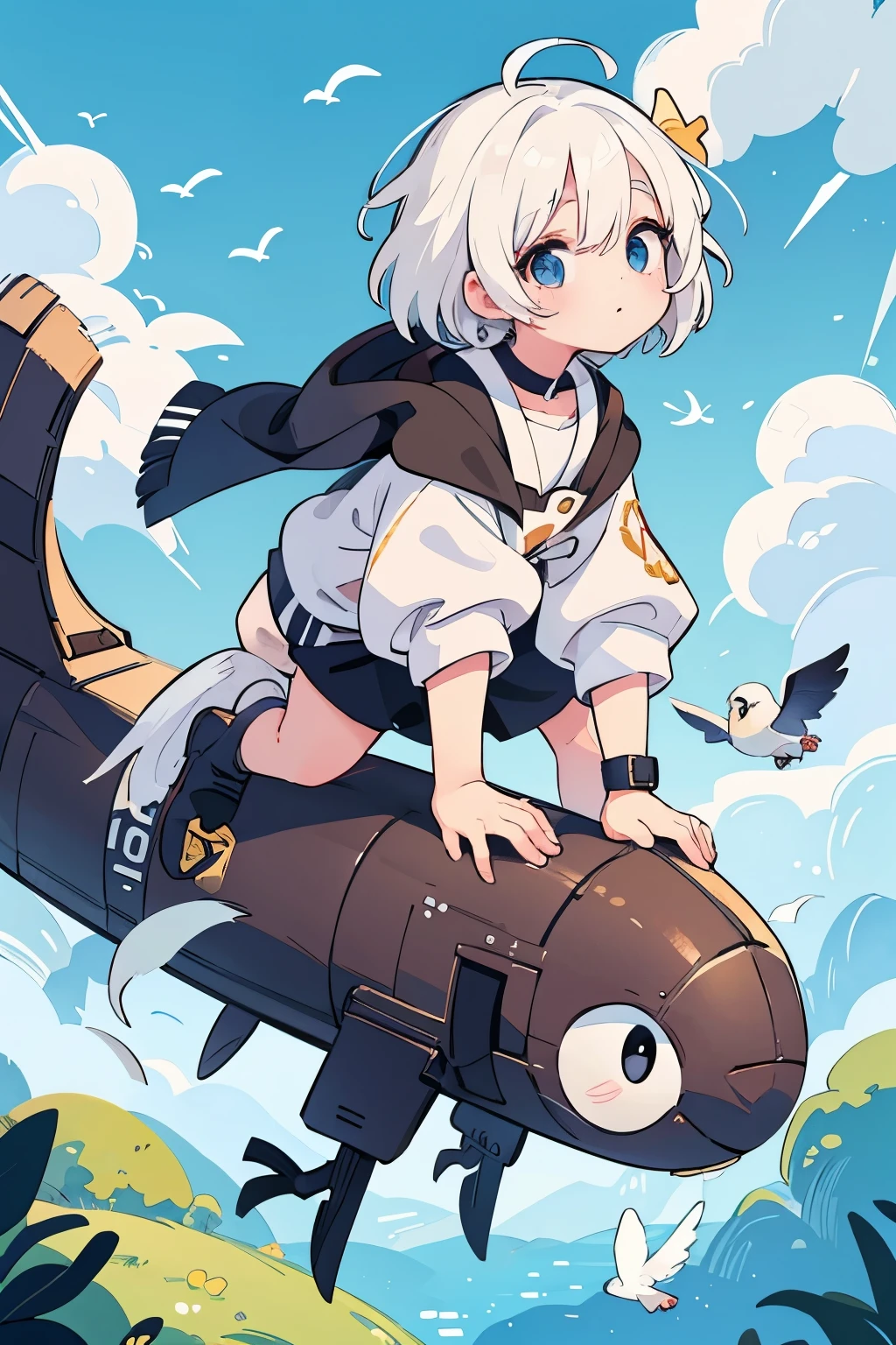 White hair and sunken eyes, bird, small and round, Eyes and beak are black, 세상에서 제일 귀여운 bird, long tail