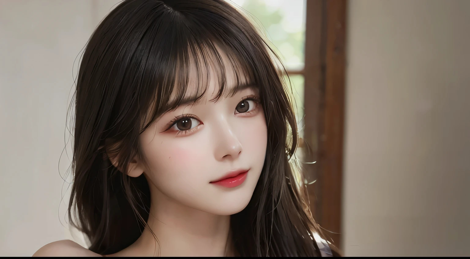 masterpiece, best picture quality, high quality, Beautiful woman, Japanese, Popular Korean Makeup, detailed, puffy eyes, detailed eyes, detailed skin, beautiful skin, ultra high resolution, (reality: 1.4),very beautiful, a slightly younger face, beautiful skin, slim, (극도로 reality적이다), (illustration), (high resolution), (8K), (very detailed) (best illustration), (beautifully detailed eyes), (super detailed), (wallpaper), (detailed face), looking at viewer, fine details, detailed face, pure face_v1, smiling, looking straight ahead, looking straight ahead, angle above waist, reality적인 사진, bright lights, professional lighting, black hair (some of the hair is green), long hair, Dark ruins, The big red moon, Gorgeous red and black dress, mature woman, long stylish bangs,