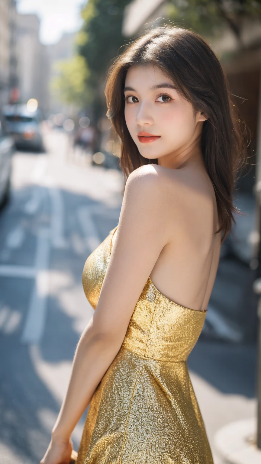 ((Best quality, 8K, masterpiece:1.3)),1girl,18 years old,Asian,Real texture:1.3,(Background blur:1.1),Gorgeous long dress,Tall and slender figure:1.2,(Hot summer weather),(street:1.3),Highly detailed face and skin textures,Exquisite eyes,Long eyelashes,Double eyelids,Skin Whitening,happy,Various postures,Big breasts