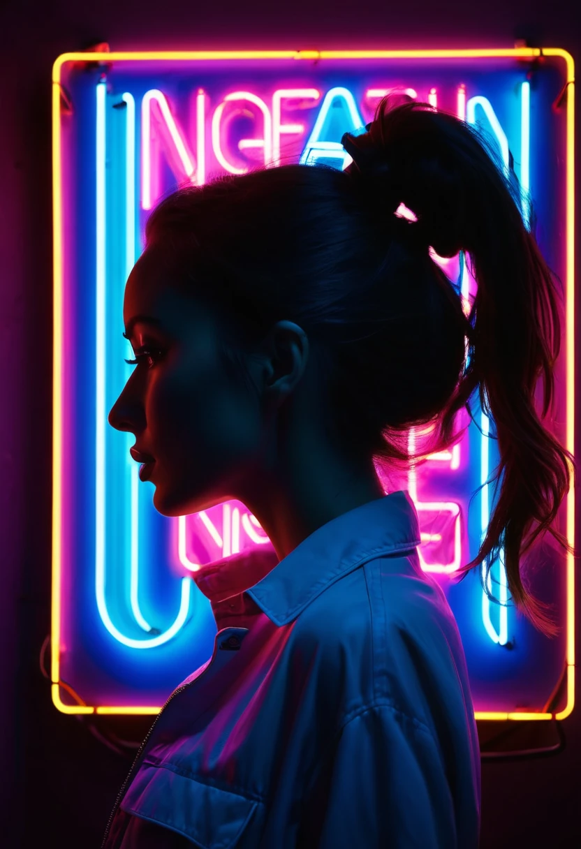 Side face silhouette，Shadow of beautiful woman under neon sign,Huge neon signboard，(Neon sign with text:1.5)
