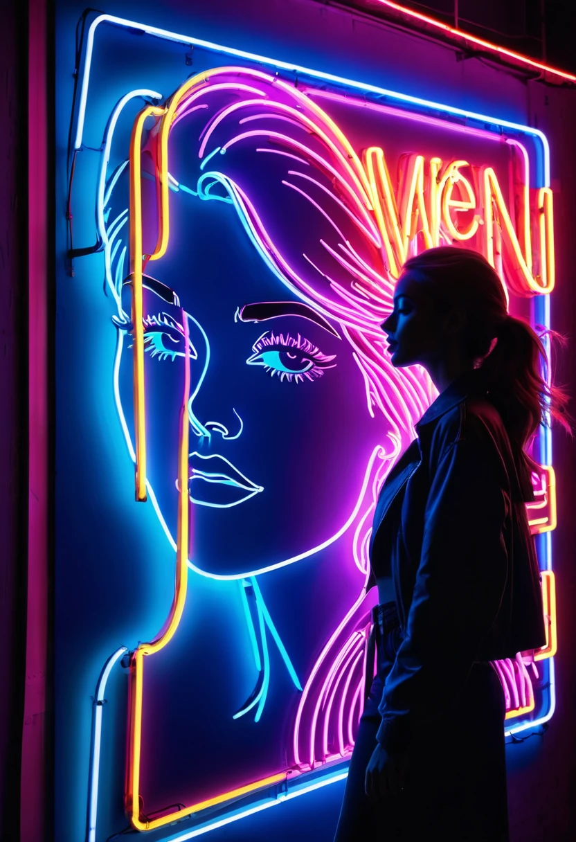 Side face silhouette，Shadow of beautiful woman under neon sign,Huge neon signboard，(Neon sign with text:1.5)

