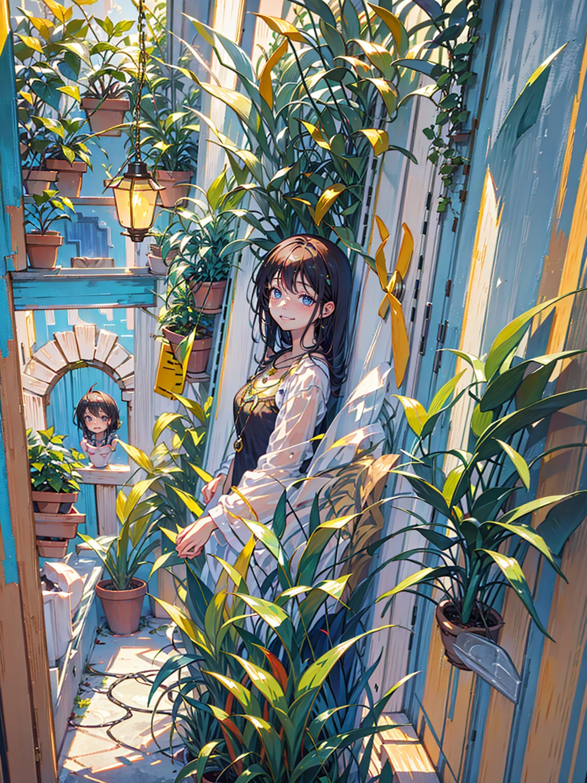 Greeting with a friendly smile, Many pendant lights, Foliage plant, Lots of windows