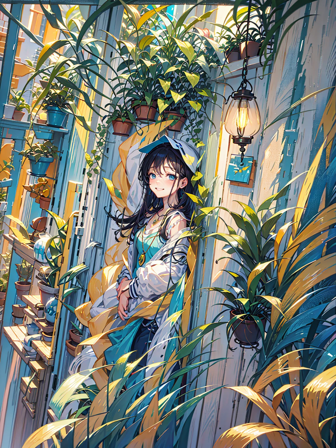 Greeting with a friendly smile, Many pendant lights, Foliage plant, Lots of windows