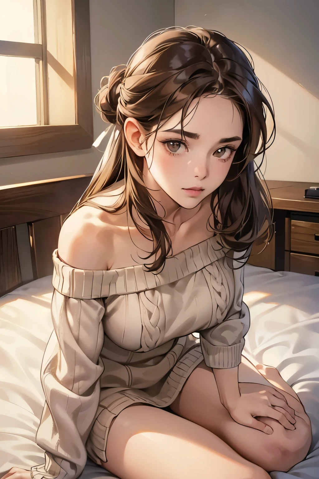 (Tabletop, Digital Art, Digital Illustration, 4K, 8K, Super detailed, Beautiful images, Clear images, Realistic, RAW Photos, Perfect Face, Perfect Lines, Perfect Eyes, Soft lighting) , masterpiece, best quality, 1 girl, 独奏, large , brown hair, half updo , brown eyes, (shy, leaning forward,virgin killer sweater),bed sheet, on bed,white sweater,off shoulder,back cutout,Bare legs,