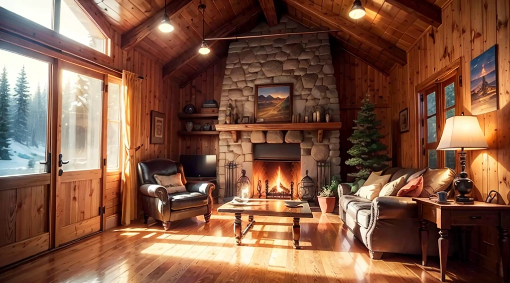 THIS EVENING WOODEN CABIN LIVING ROOM ANIME BACKGROUND, (COZY ATMOSPHERE), (SUBTLE LIGHTING), BRIGHT STONE FIREPLACE FIRE, THIS BEST QUALITY EVENING FLOOR, TRANSPARENT GLASS WINDOWS