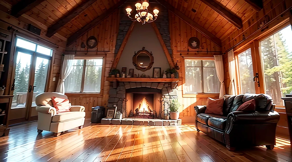 THIS EVENING WOODEN CABIN LIVING ROOM ANIME BACKGROUND, (COZY ATMOSPHERE), (SUBTLE LIGHTING), BRIGHT STONE FIREPLACE FIRE, THIS BEST QUALITY EVENING FLOOR, TRANSPARENT GLASS WINDOWS