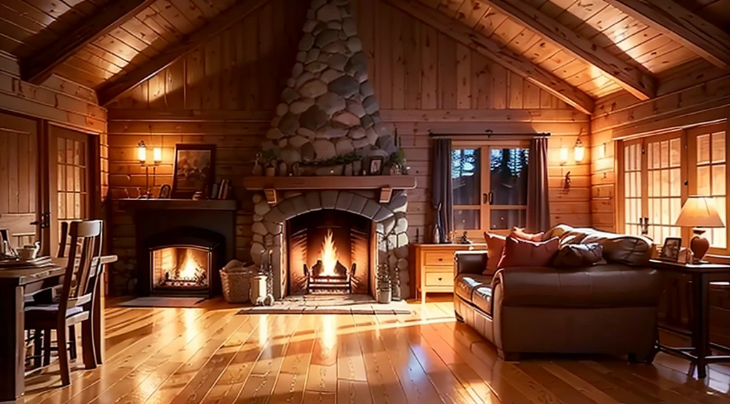 THIS EVENING WOODEN CABIN LIVING ROOM ANIME BACKGROUND, (COZY ATMOSPHERE), (SUBTLE LIGHTING), BRIGHT STONE FIREPLACE FIRE, THIS BEST QUALITY EVENING FLOOR, TRANSPARENT GLASS WINDOWS
