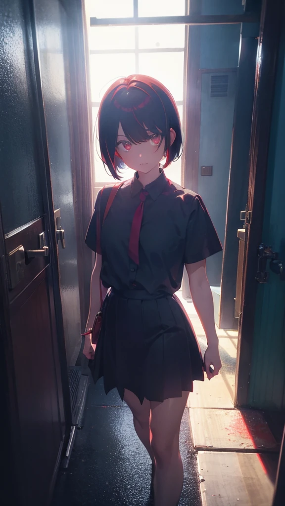 girl with short bob hair,Red eyes ,A shining heaven,Walking in heaven,A distant view