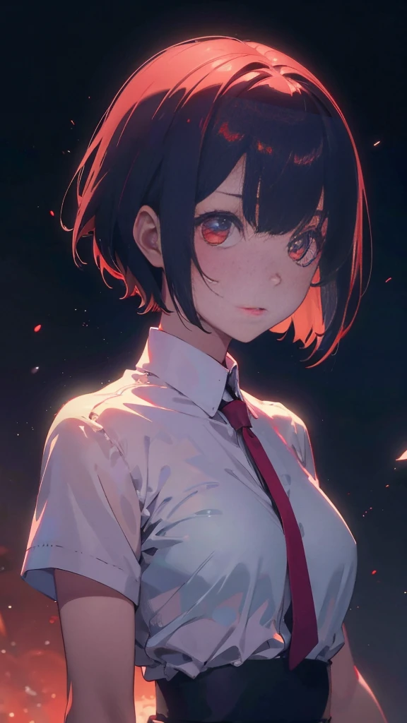 girl with short bob hair,Red eyes ,A shining heaven,Walking in heaven,A distant view