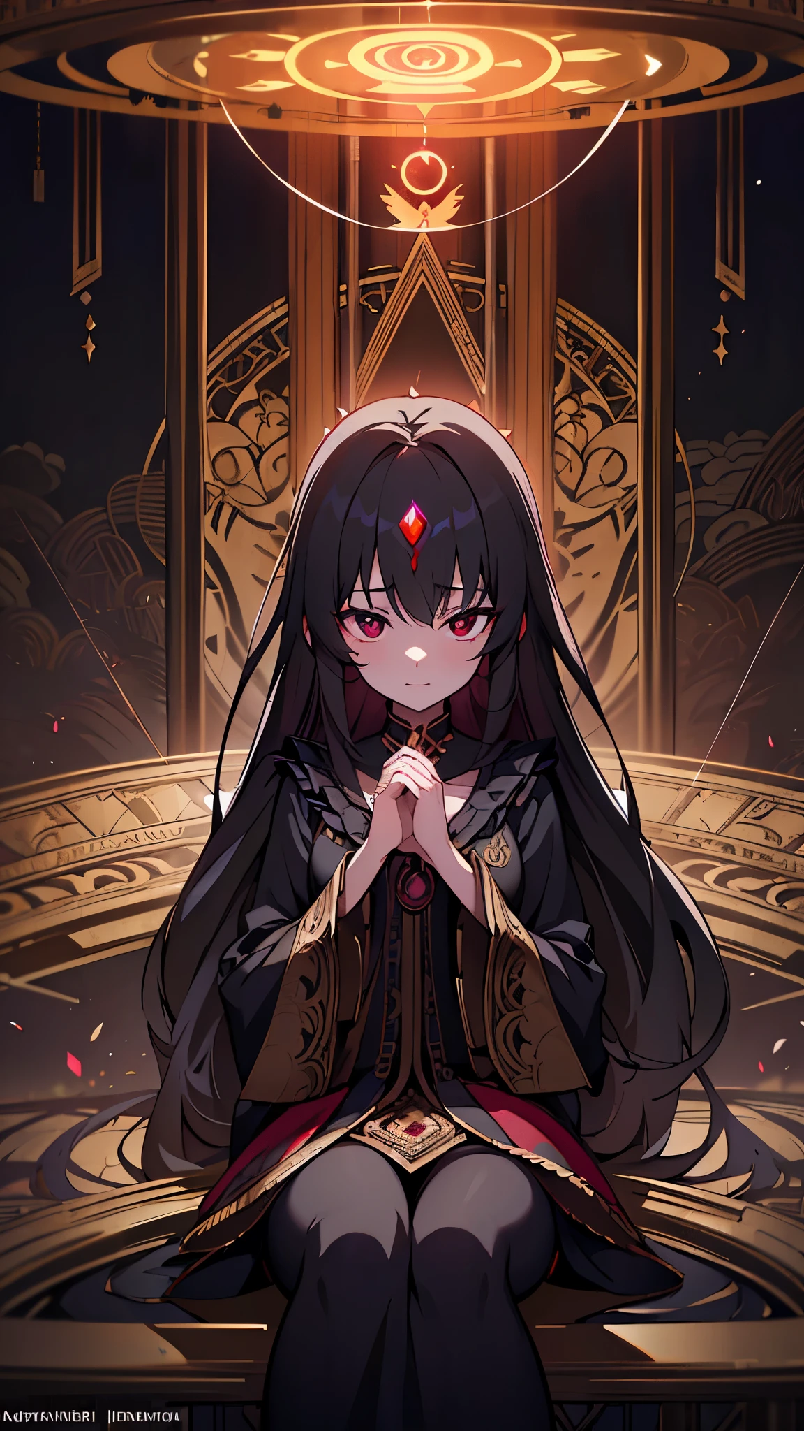 Name: Yumeko groupshadow
Element: UMBRANOX
Description: The Eclipse's Mirage, Whispers in the Subterranean Grottoes, Riddles upcoming Storms. A traditional Yuje magiciansapprentice, enigmatically juggling darkart knowledge and joyful innocence.
Prompt: ((((Majestic designs, Supreme craftsmanship, unprecedented detailing)))), 1girl, enigmatic, sitting, (black hair, long straight, darkness around:1), short to medium length, porcelain complexion, ((glowing red-black eyes/none:0.5, red gem detailedcircle through pupil:1)), (((ultra detailed, fluid faceswith hidden smile:0.8, detailed lines, stunning eyes:0.9))), rightProfileview, headshot, semi outdoor, ((darkmachineforgebackground2:1)), Elaboratethemultitude of stands vs ground-hiddenfigures, revealing clothing, flat & intricate beltknot, purposeful sesame dancingfan,'ных hands position, large necklacementornament displaying Umbranox crest, sitting in traditionalcross-legged pose, forehead gentlenarrow horizonompadma,