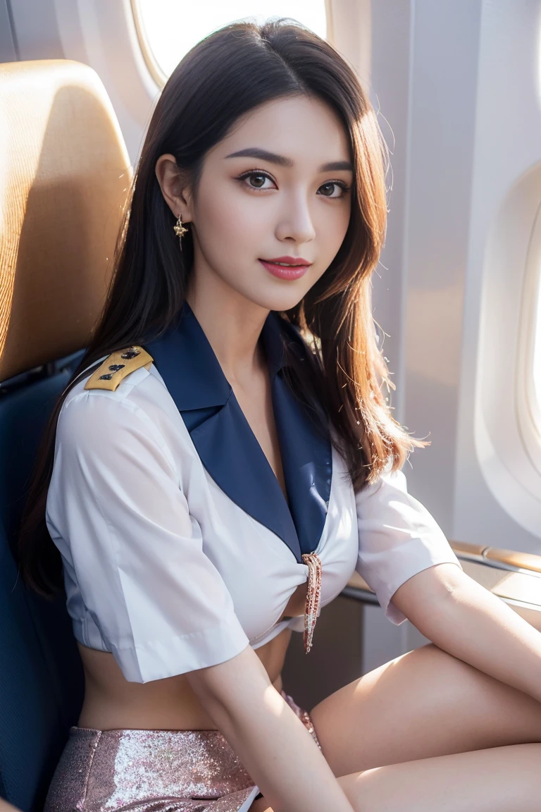 (master piece:1.2),(8k high resolution), (highest quality), (RAW image quality), (realistic), (realistic:1.37), ,Big and patchy eyes,long eyelashes,(Live-action realistic style),realistic light and shadow,clear facial features,,Fair skin, ),(ultimate face,),best portrait, 1-Girl,beautiful and fine eyes,highly detailed skin,(Beautiful face with double eyelids), (realism: 1.4),((full body image)) ,delicate and beautiful face,,woman around 30 years old,(beautiful face 1.4),straight hair length,,(lipstick,glitter around the eyes,beautiful earrings),((Shot on an airplane)),(stewardess uniform,)),(Stewardess in uniform),,(3/4 length),Shoot head-on,,Close-range shooting,((sit on an airplane,show your white panties)),I can see your belly button,Navel exposure,(((Always look at the audience and smile),(No bra,A little cleavage is exposed),,wearing a skirt、((Wearing a stewardess uniform)),(Show a beautiful smile without opening your mouth),(Please open your legs and show me your crotch.)