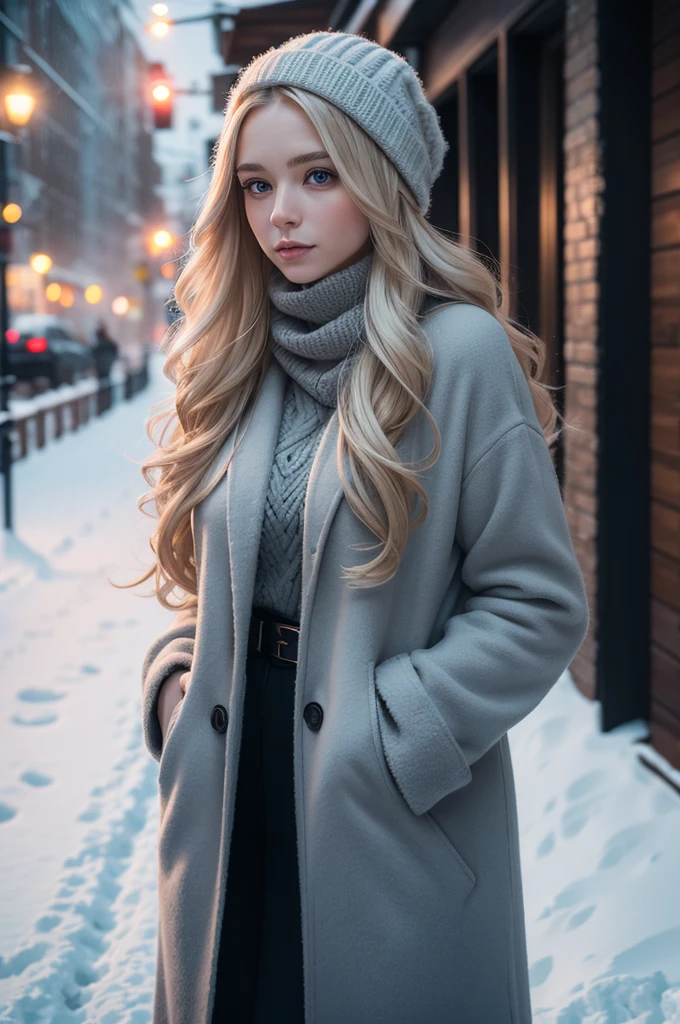 professional photography of a beautiful norwegian girl in winter clothes with long wavy blonde hair, sensual and seductive look, beautiful symmetrical face, beautiful natural makeup, wearing chic warm winter fashion clothing, ((standing outside on the snowy city street)), impressive modern urban environment, ultra realistic, conceptual artwork, chic, highy detailed, intricate, sharp focus, Depth of field, f/1. 8, 85 mm, medium shot, mid shot, (((professional color grading))), soft and bright diffused light, (Volumetric fog), Trends on Instagram, HD 4k, 8K