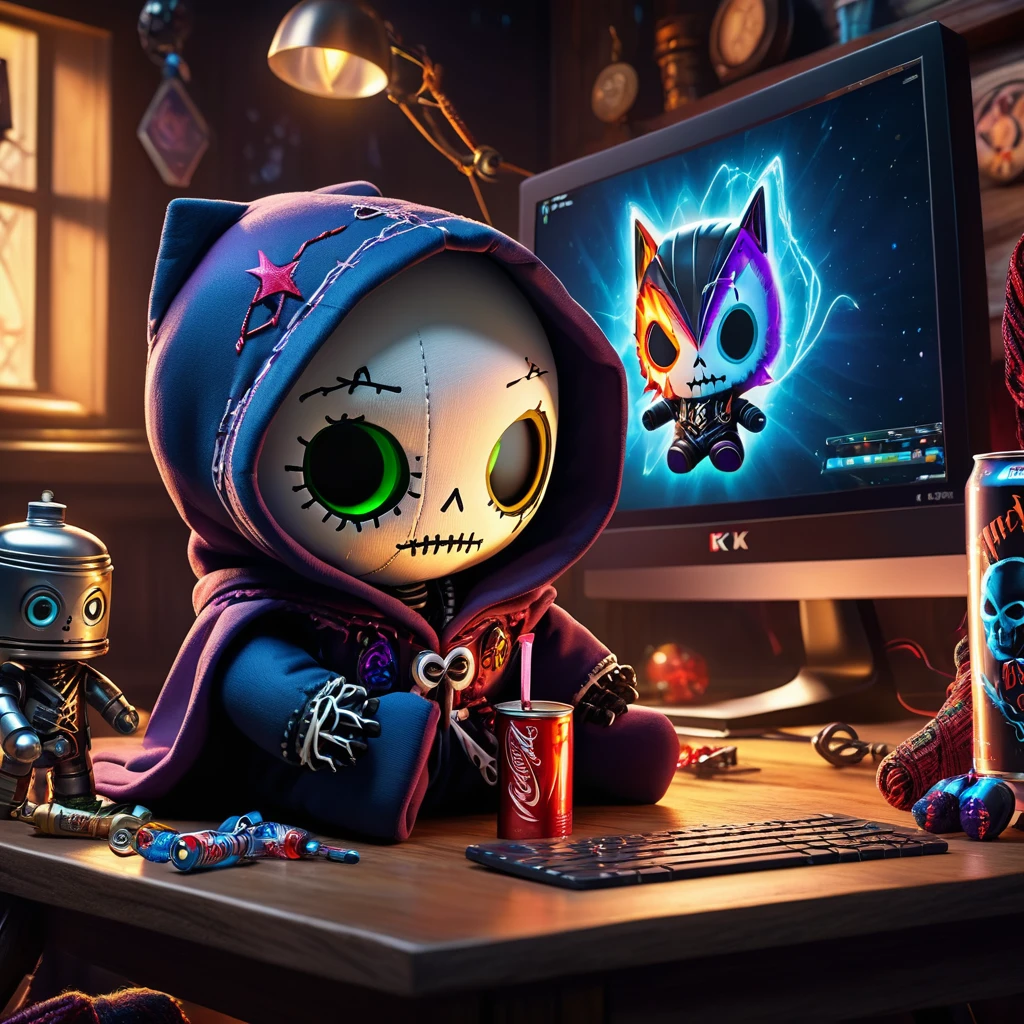 (knitted toy voodoo doll:1.6), (magic robe with a hood and shiny symbols of magic:1.5), (sitting in front of a computer monitor:1.3), (chat window open on the screen:1.3), (cans with energy drink on the table:1.4), (magical and mystical atmosphere:1.7), best quality, masterpiece, detailed soft oil painting, detailed background, dramatic cinematic lighting, soft edge lighting, professional, dramatic lighting, hard edge lighting, ultra quality, 4k, masterpiece, best quality, 8k, ultra high definition, high resolution, extremely detailed