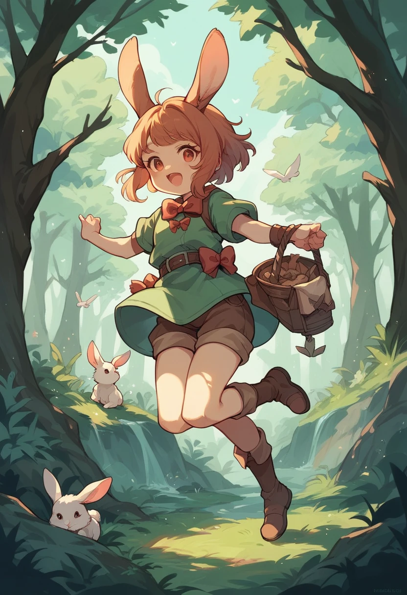 Highest quality Fantasy Young female hunter with a bow Bonfire rabbit The background is a night forest