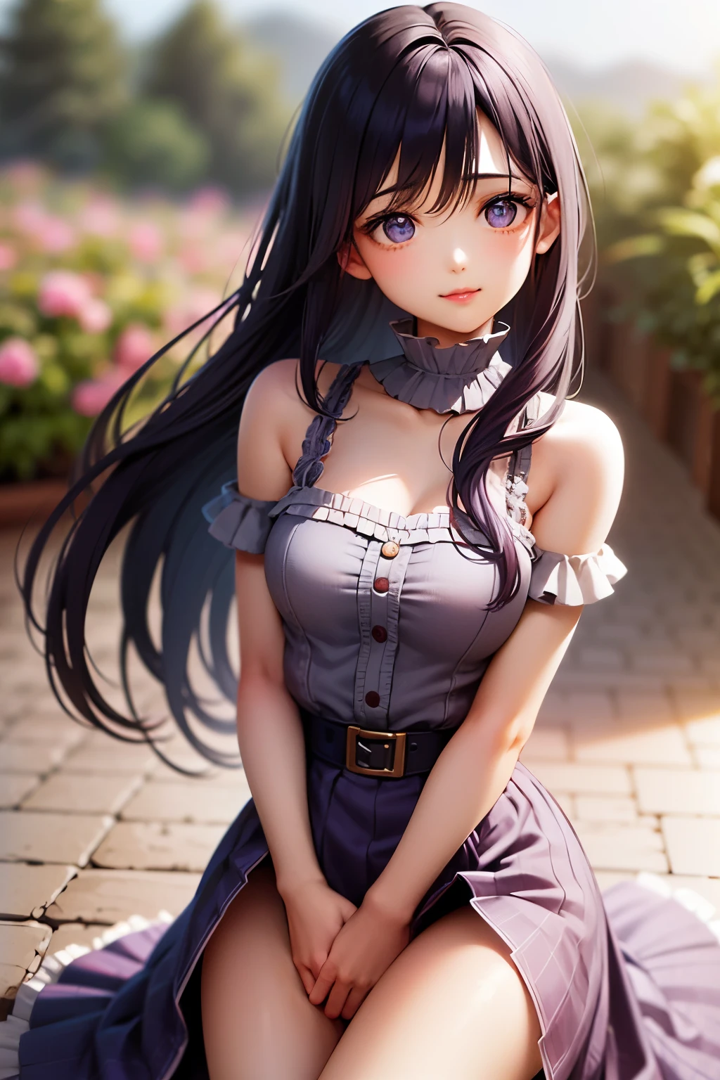 (Absurd, High resolution, Super detailed), masterpiece, Hinata(bolt), ((alone)), One girl,Medium chest, Long purple Victorian dress, Mouth closed, (((Long Hair))),Are standing, Bodice and skirt patterns, Frilled Skirt, race, Blinking blinking effect, (((Detailed lips))), garden, Pink and yellow flowers,  ((Realistic Skin)), Glowing Skin, ((Glossy Red Lips)), Purple eyes, Portraiture, beautiful, smile, (((Dark blue hair))), Bust Crop, Normal skin