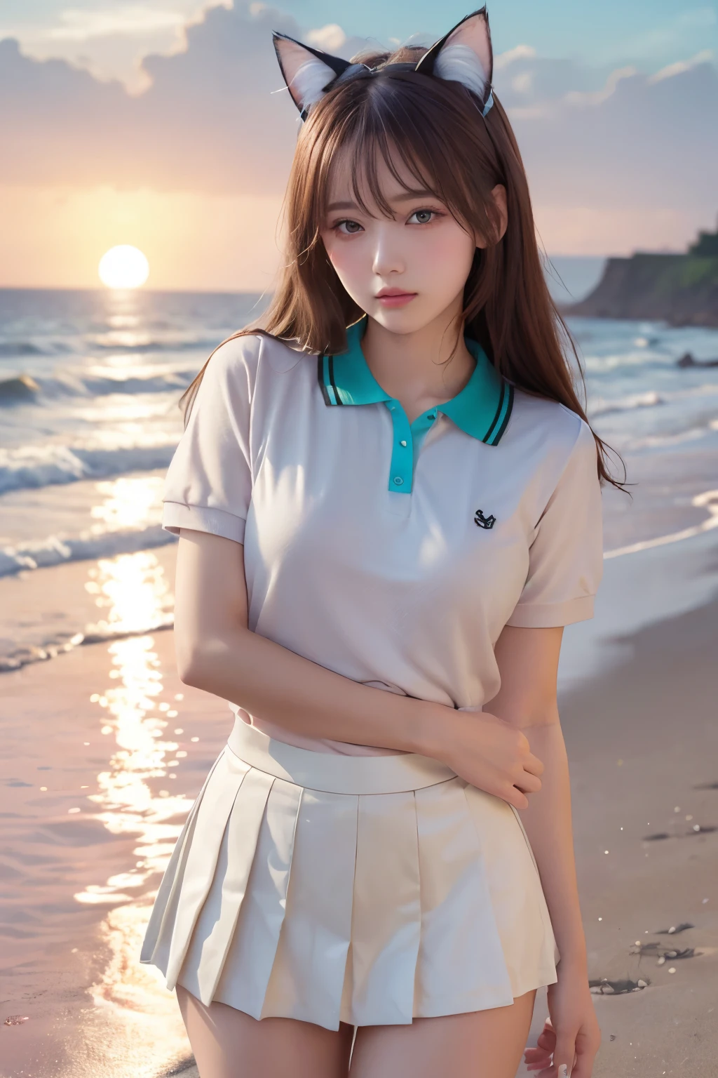 (Cat ears:1.3), (Showing off panties:1.2), (Professional portrait, Realistic and perfectly shaped subjects:1.3), (masterpiece, highest quality:1.2), (Realistic, Ultra-realistic, Realistic:1.3), (ultra High resolution), High resolution, Intricate details, Super detailed, (Highly detailed CG, unity 8k wallpaper:1.3), Clear image,
break
(1 Japanese girl, 16 years old), (cute, Slender figure), (Perfect Anatomy, Correct limbs:1.2), (Perfect hands), Perfect Arms, Beautiful and delicate face down to the last detail, Beautiful and delicate eye and eye highlights, (Very thin and delicate、not too long lashes), (Captivating eyes, Beautifully detailed eyes and face), light makeup, Pink Lip, Lip gloss, Stylish face, (Shiny skin, Realistic skin detail), Brown Hair, medium chest
break
, (High school girl), 
(White polo shirt:1.3), (Pleated skirt:1.2),
(Black socks), 
break
(Sunset seashore :1.3), standing on the beach, (Cowboy Shot), break 
(((blush:1.4))), ((Embarrassing:1.4)), (((shy:1.5)))
break
from below
break