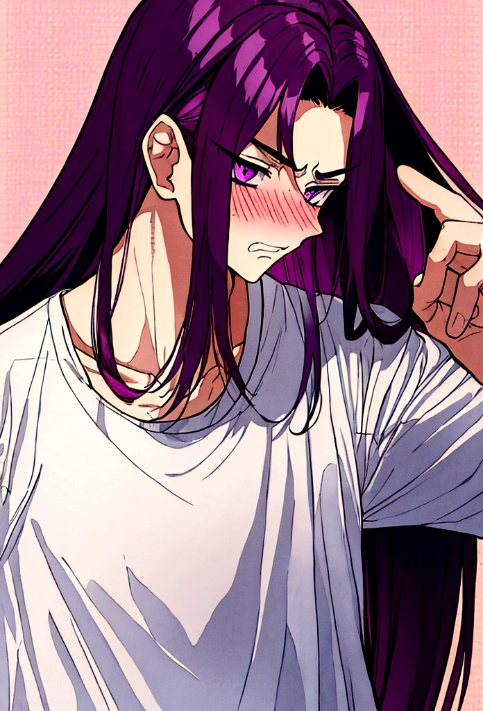 Boy with very long intense violet hair, blushing angry, shy, nervous, pointing forward, white t-shirt, slightly seen from above, whole body, professional manga cover, manga cover