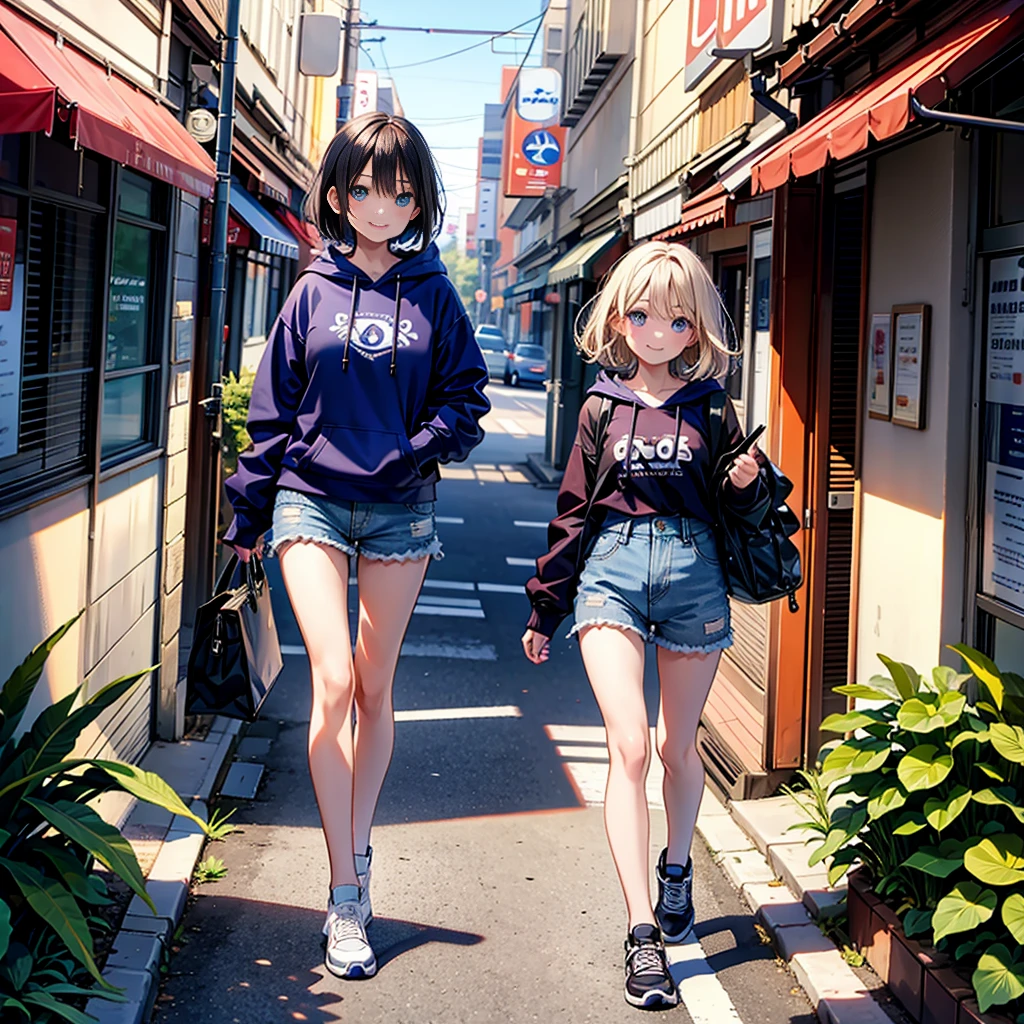 (masterpiece), (high resolution 8K), professional illustration, 1 girl, late teenage, walking, turn around, arched back, wave hand, full body, from front, dutch angle, blue hoody, shorts, short hair, smile, embarrassed, looking at viewer, cityscape in Tokyo, daytime, in summer, natural lighting, stunning face, symmetrical clear eyes, detailed eyes and face