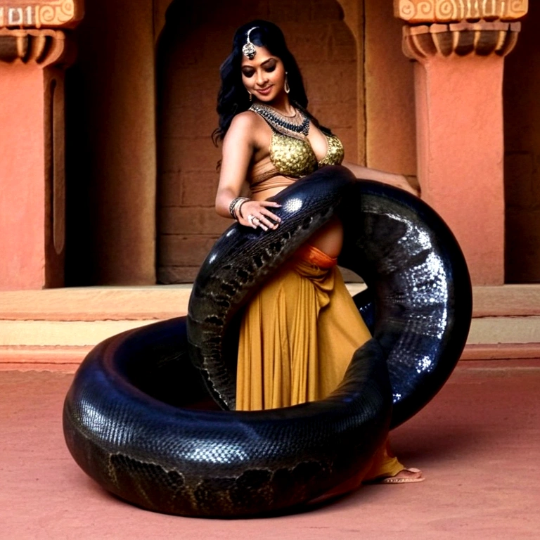 Pregnant Happy Horny, aroused 1girl), beautiful kneeling Indian young belly dancer with giant colossal black titanboa squeezing her hard, wrapped in thick spiraling coils, constricted, struggle, gasping for air, snake attack, snake peril, moonless night, dim light