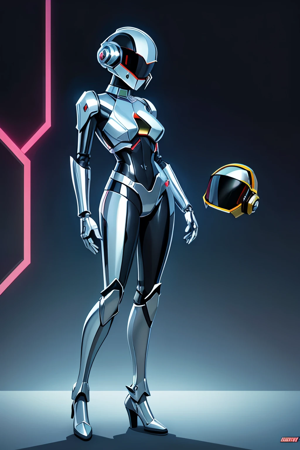 Chrome, robot woman, Hajime Sorayama, sensual, rgb lighting, full-body, daft punk helmet