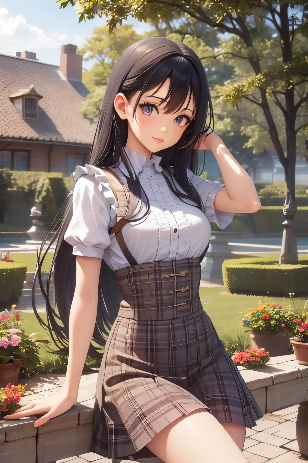 (Absurd, High resolution, Super detailed), masterpiece, Hinata(bolt), ((alone)), One girl,Medium chest, Long purple Victorian dress, Mouth closed, (((Long Hair))),Are standing, Bodice and skirt patterns, Frilled Skirt, race, Blinking blinking effect, (((Detailed lips))), garden, Pink and yellow flowers, ((Realistic Skin)), Glowing Skin, ((Glossy Red Lips)), Purple eyes, Portraiture, beautiful, smile, (((Dark blue hair))), Bust Crop, Normal skin