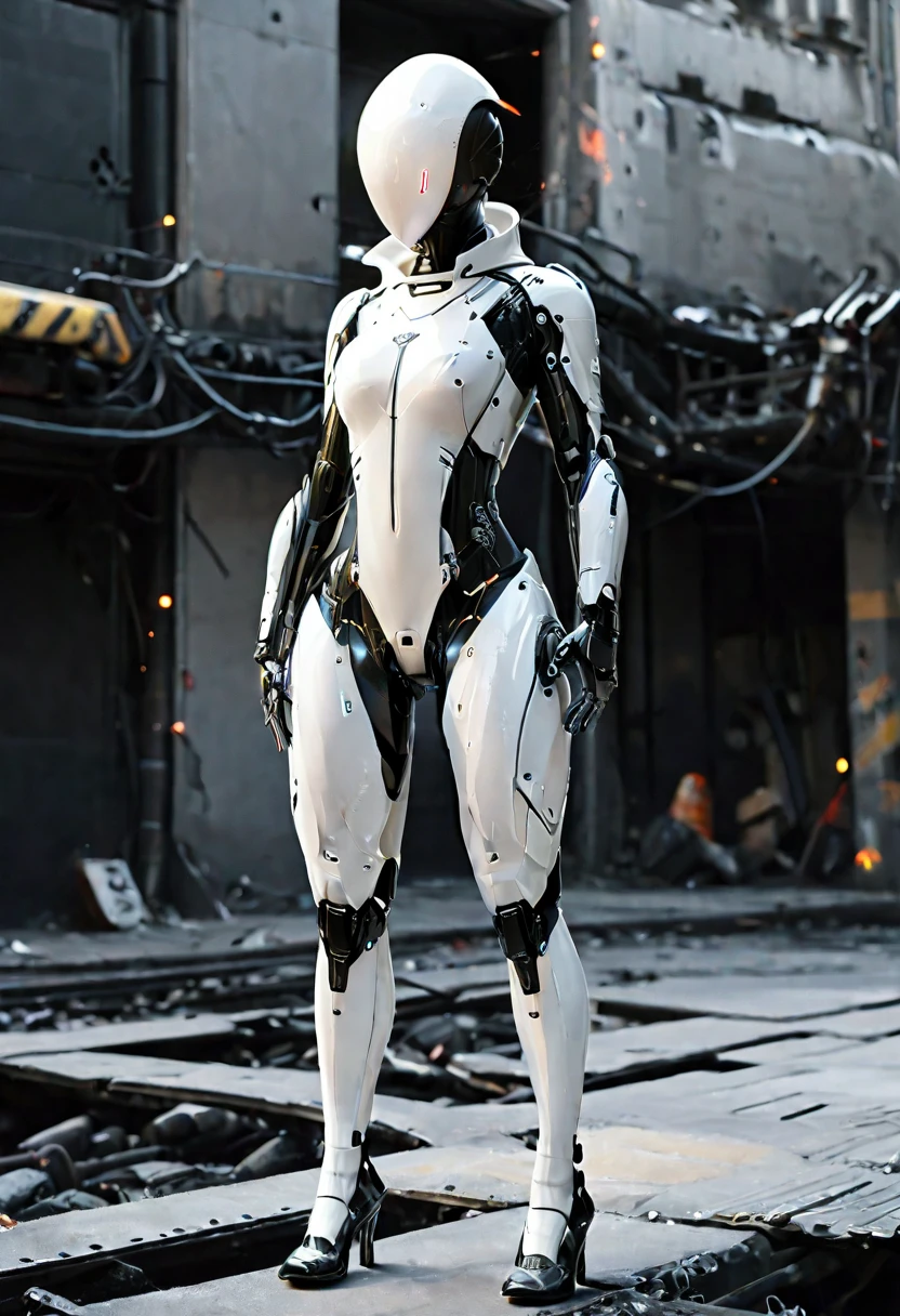 ((best quality)), ((masterpiece)), ((realistic)), (detailed), (photorealistic:1.5), a futuristic girl, (thick body), (white bodysuit), lights on armor, cybernetic headwear, looking at viewer, dynamic pose, post apocalyptic, destroyed city background, buildings on fire, science fiction, hdr, ray tracing, nvidia rtx, super-resolution, unreal 5, subsurface scattering, pbr texturing, post-processing, anisotropic filtering, depth of field, maximum clarity and sharpness, rule of thirds, 8k raw, (luminescent particles:1.4), (extremely detailed cg, unity 8k wallpaper, 3d, cinematic lighting, lens flare), reflections, sharp focus, cyberpunk art, cyberpunk architecture,