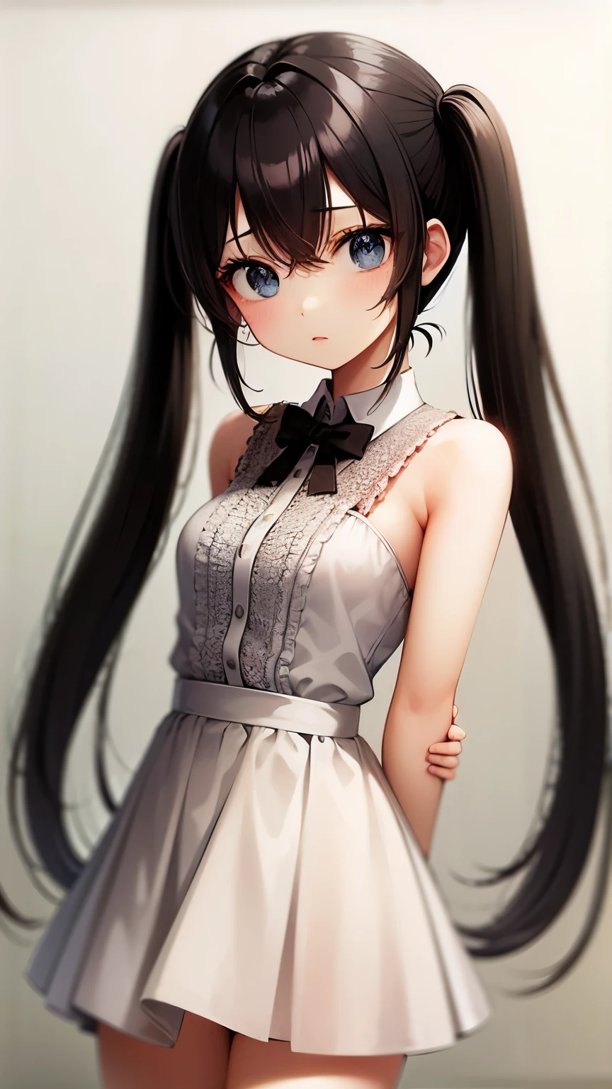 Innocence, Dark green hair, Twin tails, Put your arms behind your back, White Dress, Black waist tie, girl,blue eyes,