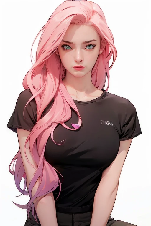 young woman, short shoulder-length pink hair, wide forehead, porcelain skin, pink eyebrows, big emerald green eyes, buttoned nose, full lips, heart-shaped face, slender body, small breasts, red tank top, Sakura Haruno , realistic, realism, details, 3d, well detailed