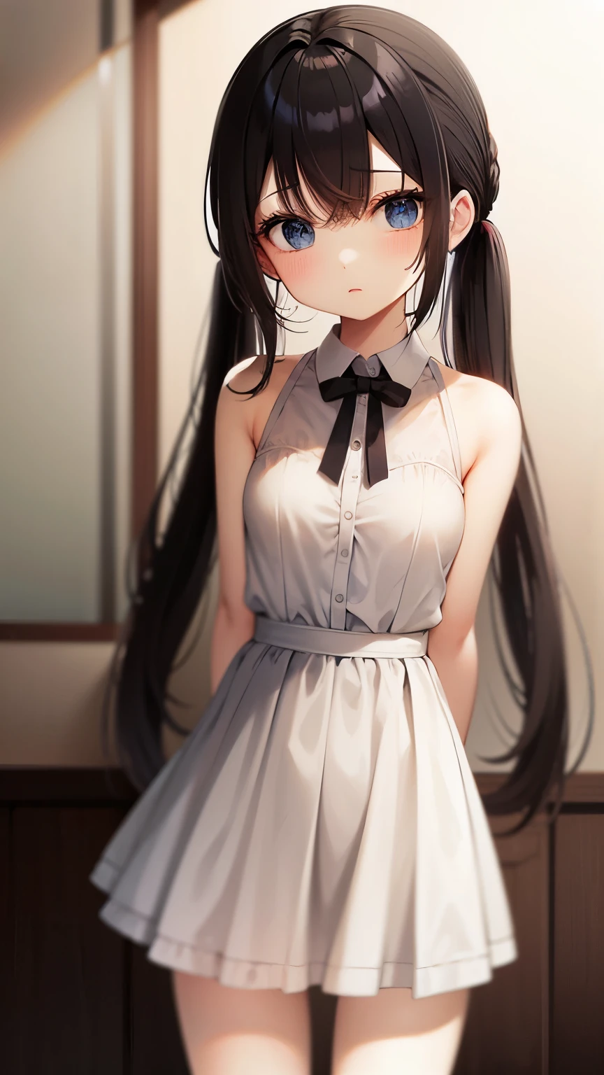 Innocence, Dark green hair, Twin tails, Put your arms behind your back, White Dress, Black waist tie, girl,blue eyes,