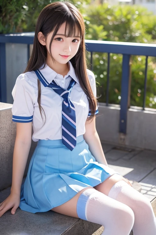 Cute Girls、high school girl、Idol、Light blue mini skirt、stockings、See-through、sit