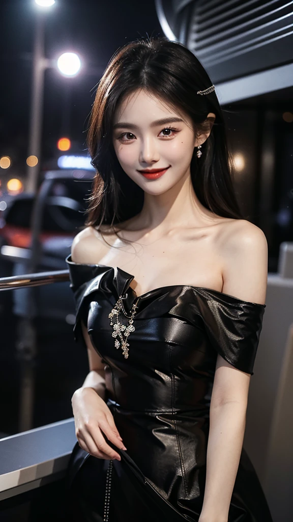 A sweet girl by the yatch luxury,voluminous hair,Delicate face,Photorealsitic,of a real,largeaperture,wears a black dress,A cropped dress,Off-the-shoulder,A dress around the neck,Slim,smiles,Ultra-high resolution, Blurred background