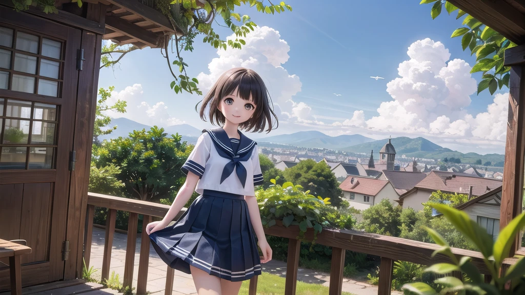 (masterpiece),  town,  blue sky,  One Girl,  smile,  alone,  Sailor suit、Long skirt,  Overgrown,  petal,  plant、Skirt lining、Translucent slip、Nostalgic、Strong winds、Skirt fluttering in the wind