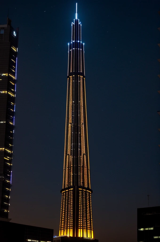 Build a tall glowing tower in the dark night with its name written big: Malek Atta tower