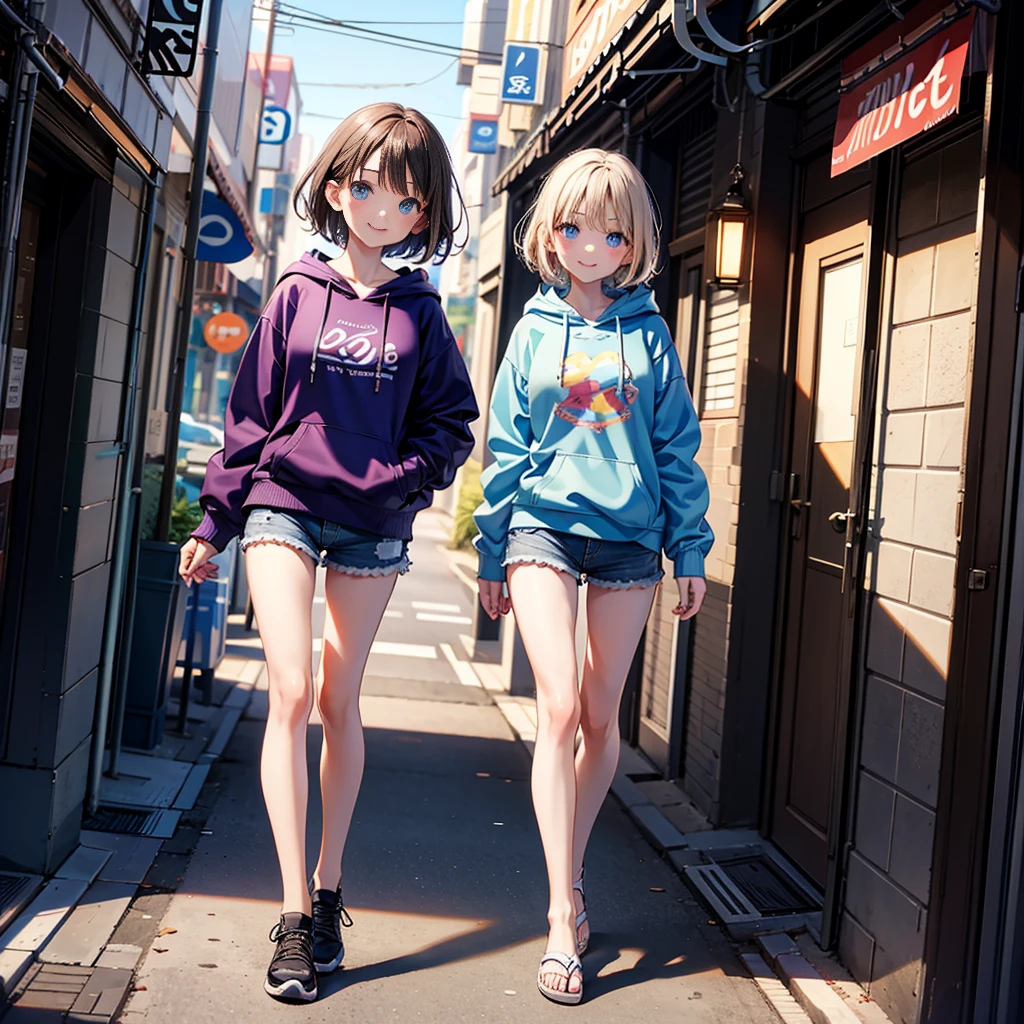 (masterpiece), (high resolution 8K), professional illustration, 1 girl, late teenage, walking, turn around, arched back, wave hand, full body, from front, dutch angle, blue hoody, shorts, short hair, smile, embarrassed, looking at viewer, cityscape in Tokyo, daytime, in summer, natural lighting, stunning face, symmetrical clear eyes, detailed eyes and face