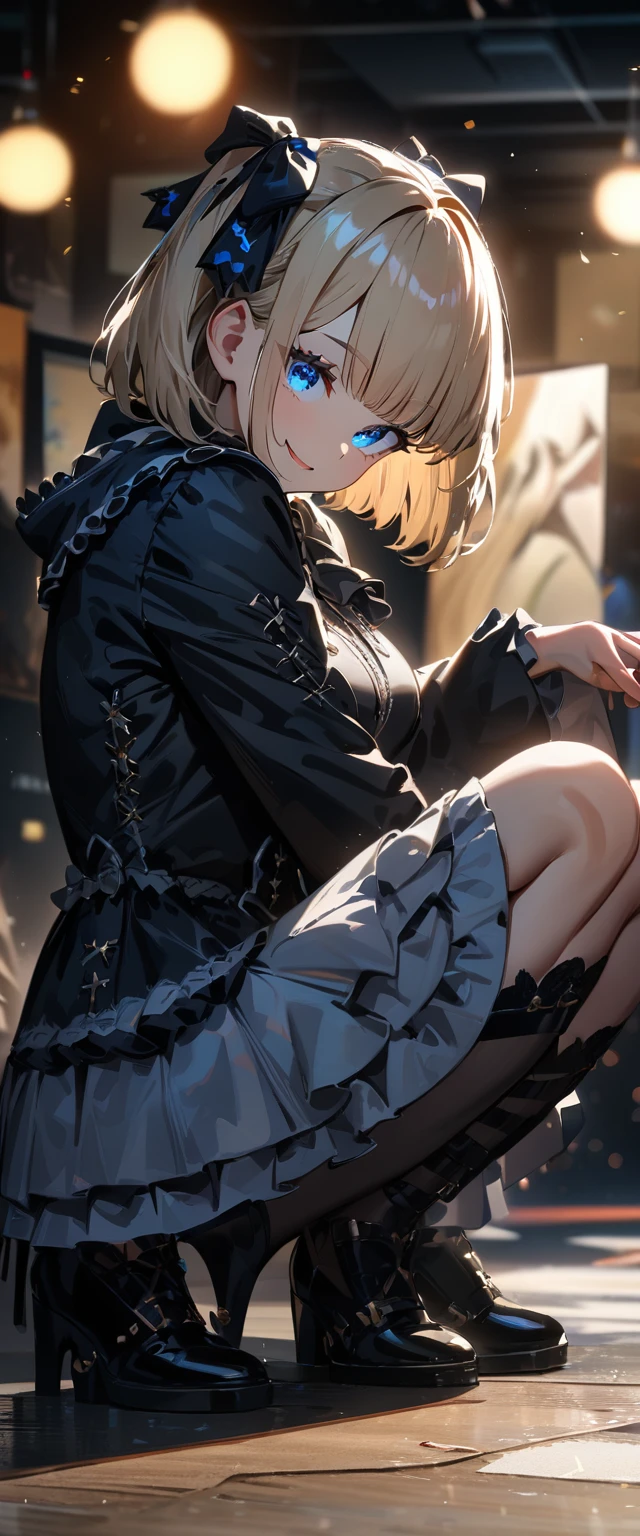 (((One girl))), Shibuya, streat, blond hair, bob cut, (looking at viewer), (((full body))), squatting, breasts, teenager, head tilt:1.3, (((blue eye))), constricted pupils, (from side:1.3), ((happy smile)), (((gothic lolita:1.3))), short dress, hair ornament, hair ribbon, anime style, (best quality, 4k, 8k, highres, masterpiece:1.2, ultra-detailed, ultra-detailed eyes, HDR, UHD, studio lighting, ultra-fine painting, sharp focus, physically-based rendering, extreme detail description, professional, vivid colors, bokeh)