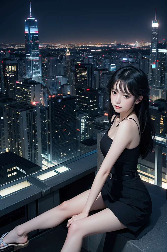 Girl in black top sitting on the edge of a skyscraper, Studio Ghibli, Cityscape, Detailed illustrations, Official Art, In kawacy style, Graceful Movement, nocturne, Composed, HD wallpaper