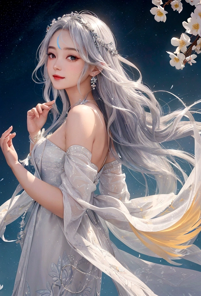 One goddess facing forward、Wearing a beautiful flowing dress that flutters in the breeze、Smiling in the light、Gazing at the audience、Shines like official art. The girl's skin is very smooth and shiny., It reflects a myriad of colors mixed together in subtle patterns that make up an abstract background.. She watches in awe, Her long, Wavy silver hair catches the light and frames her glow, Beautiful Face. Mr.々Feathers of various colors are floating、Watching the audience