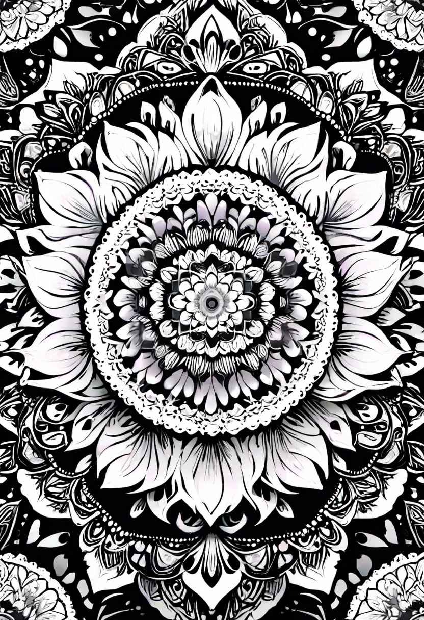 a white and black flower with a black background, white and black mandala, mandala art, lotus mandala, mandala ornament, super detailed white and black art, mandalas, rainbow gradient bloom, colorful intricate masterpiece, detailed art in white and black, intricate white and black masterpiece, mandalas, super detailed white and black art, psychedelic art style, ornate flower design, vibrant high contrast white and black, white and black vector art