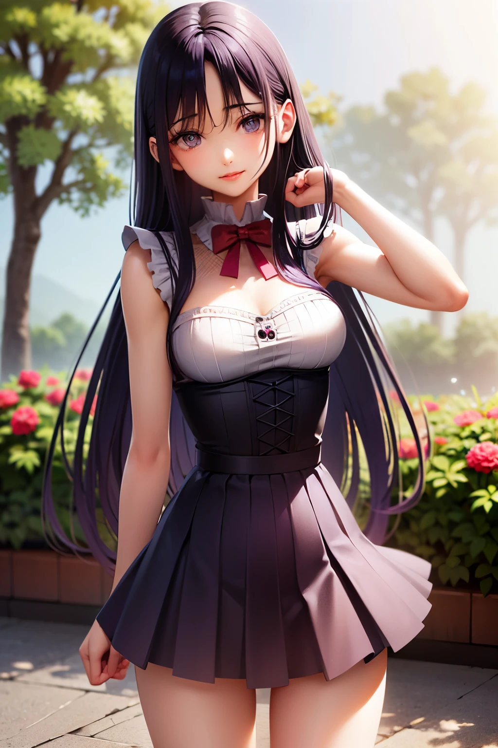 (Absurd, High resolution, Super detailed), masterpiece, Hinata(bolt), ((alone)), One girl,Medium chest, Long purple Victorian dress, Mouth closed, (((Long Hair))),Are standing, Bodice and skirt patterns, Frilled Skirt, race, Blinking blinking effect, (((Detailed lips))), garden, Pink and yellow flowers, ((Realistic Skin)), Glowing Skin, ((Glossy Red Lips)), Purple eyes, Portraiture, beautiful, smile, (((Dark blue hair))), Bust Crop, Normal skin