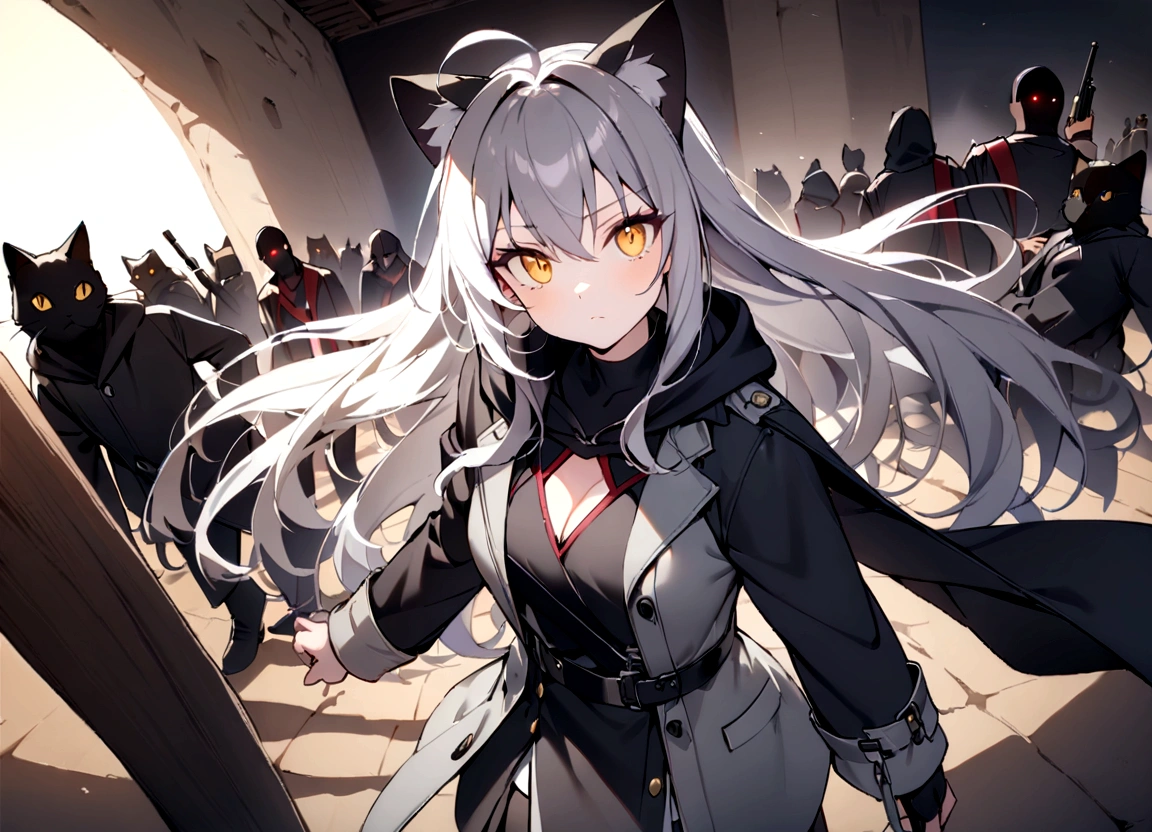 灰色のCat ear、グレーのCat ear、Gun on shoulder、(masterpiece, best quality:1.2), 1girl, 独奏,Black military uniform、Looking through the scope、Point your gun at us、Grey long hair、Ahoge、Yellow Eyes、Ready your gun?、sniper rifle、Background of military bases、Fisheye Lens、battlefield、Shadows of light and darkness、Expressionless、battle、A black hoodie over a grey trench coat、Cat ear、Wearing a black hoodie、Surrounded by enemies