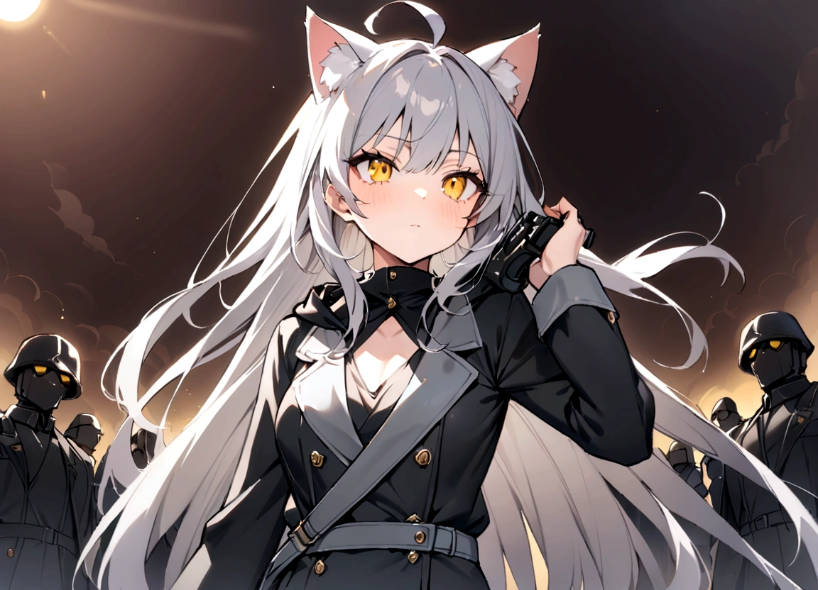 灰色のCat ear、グレーのCat ear、Gun on shoulder、(masterpiece, best quality:1.2), 1girl, 独奏,Black military uniform、Looking through the scope、Point your gun at us、Grey long hair、Ahoge、Yellow Eyes、Ready your gun?、sniper rifle、Background of military bases、Fisheye Lens、battlefield、Shadows of light and darkness、Expressionless、battle、A black hoodie over a grey trench coat、Cat ear、Wearing a black hoodie、Surrounded by enemies