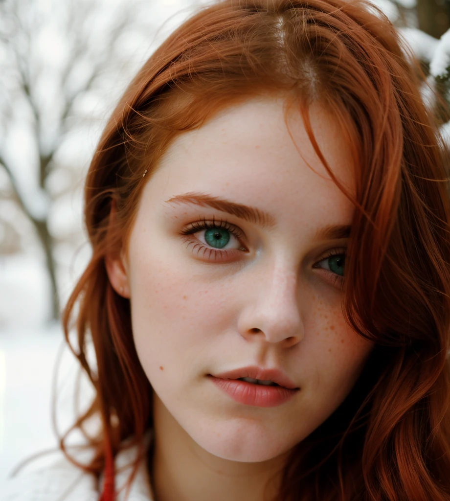 analog raw candid photo of a beautiful young woman, realistic skin texture, dirty red hair, slim, (closed mouth:1.1), erotic, relaxed, big green eyes, haze lighting, winter, snow, 35mm