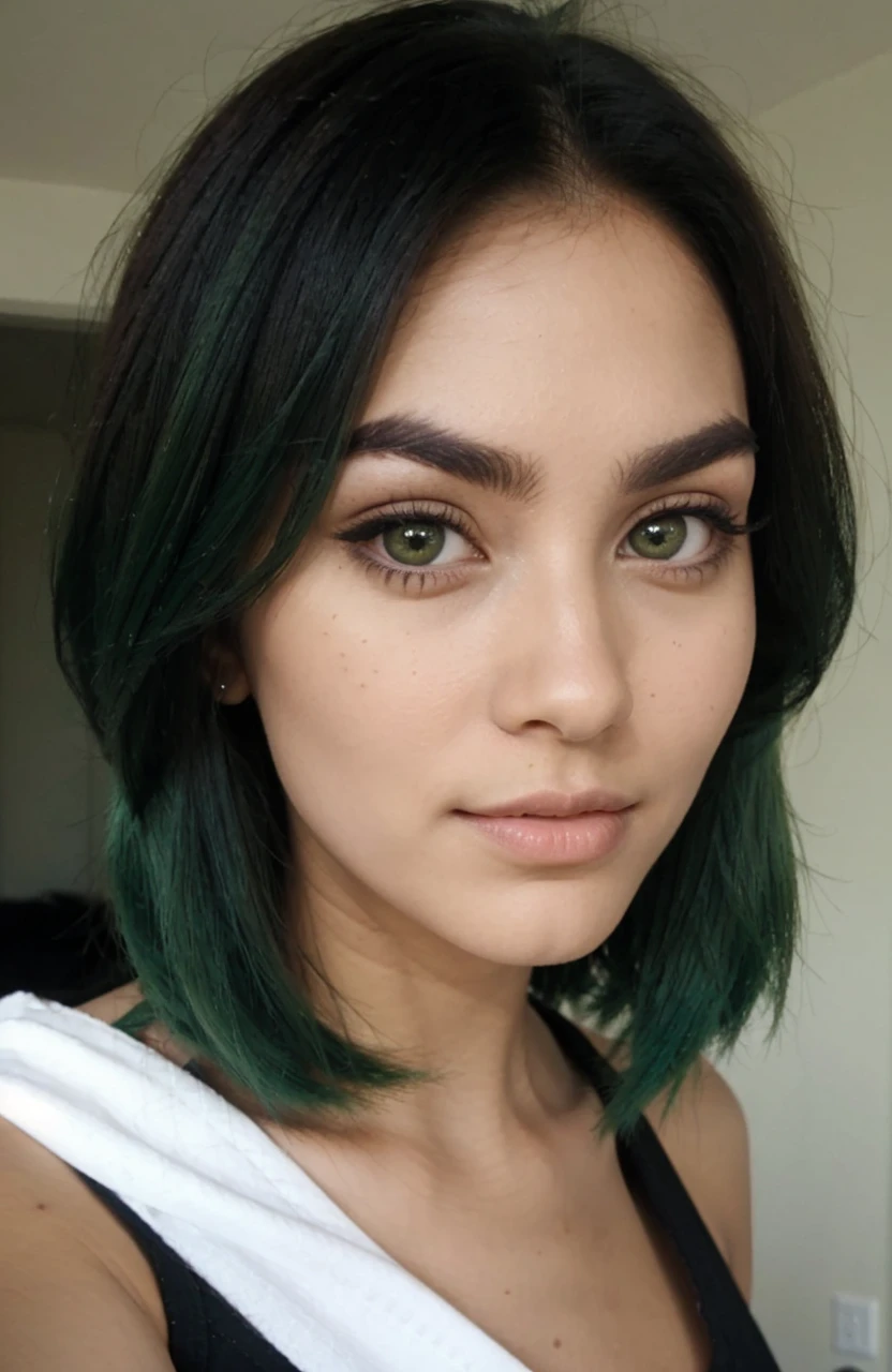 A green haired beautiful woman in front of a brown wall (small eyebrows, large eyes , large mouth)