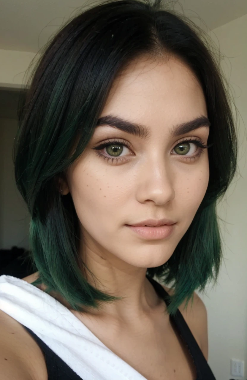 A green haired beautiful woman in front of a brown wall (small eyebrows, large eyes , large mouth)