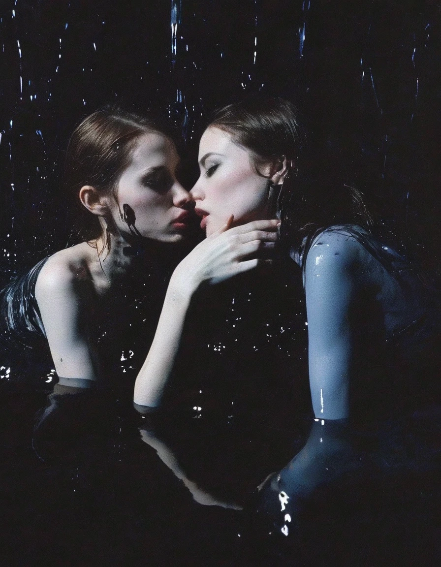 girls kissing in black water