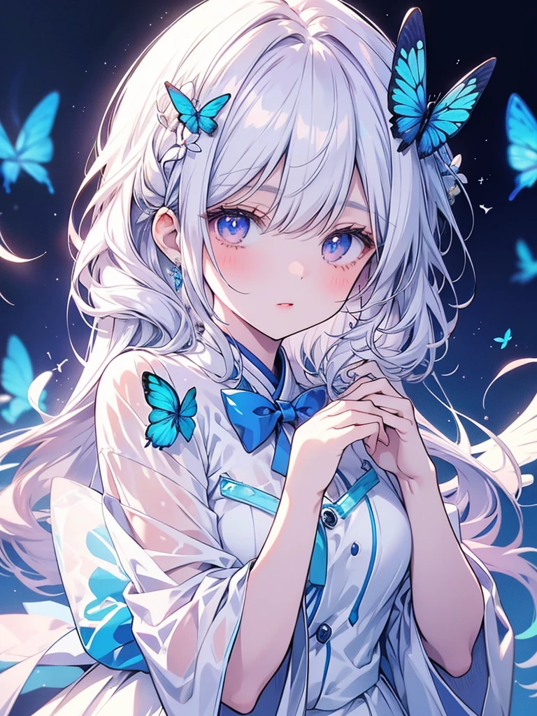 Create a shiny and captivating close-up artwork of a girl named Shimizu wearing a pure white gauze skirt. Incorporate a blue butterfly in the scene, highlighting the girl's natural beauty, with a focus on her upper body for the close-up shot.