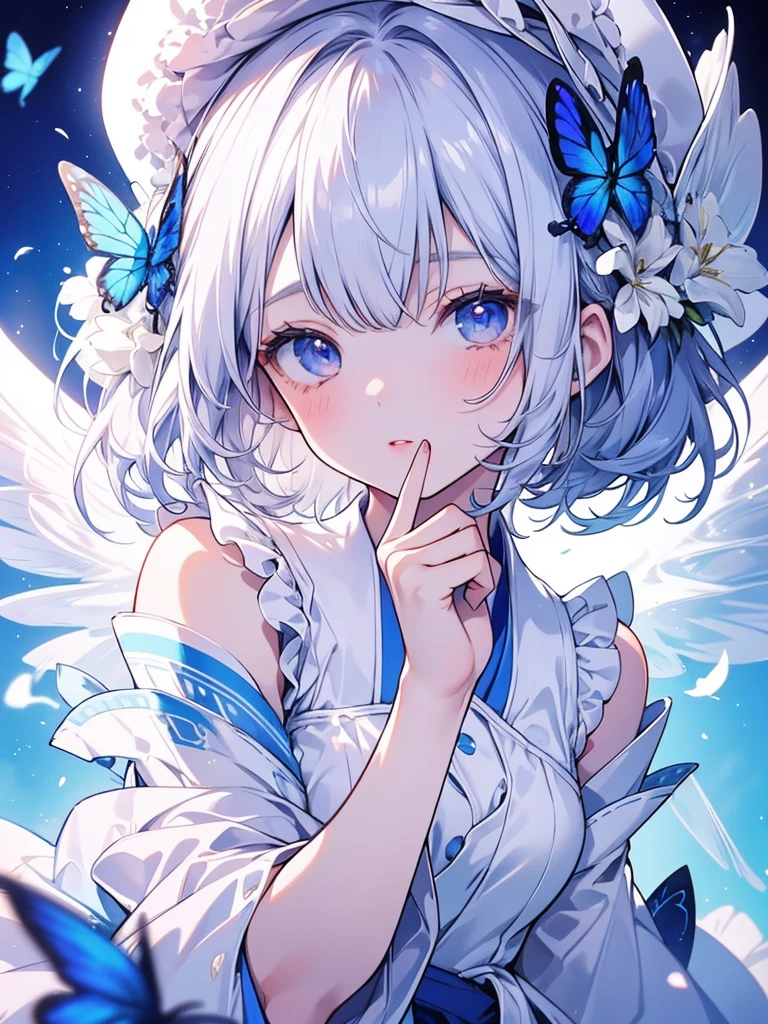 Create a shiny and captivating close-up artwork of a girl named Shimizu wearing a pure white gauze skirt. Incorporate a blue butterfly in the scene, highlighting the girl's natural beauty, with a focus on her upper body for the close-up shot.