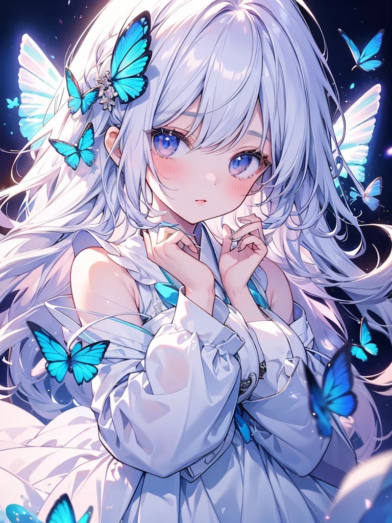 Create a shiny and captivating close-up artwork of a girl named Shimizu wearing a pure white gauze skirt. Incorporate a blue butterfly in the scene, highlighting the girl's natural beauty, with a focus on her upper body for the close-up shot.