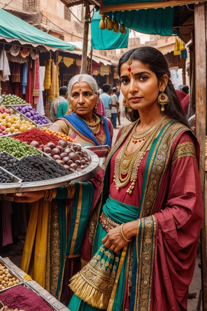 A bustling ancient marketplace in Rajgarh, with colorful stalls and merchants. Ananda, a wealthy merchant dressed in fine clothes, stands looking worried amidst the crowd.